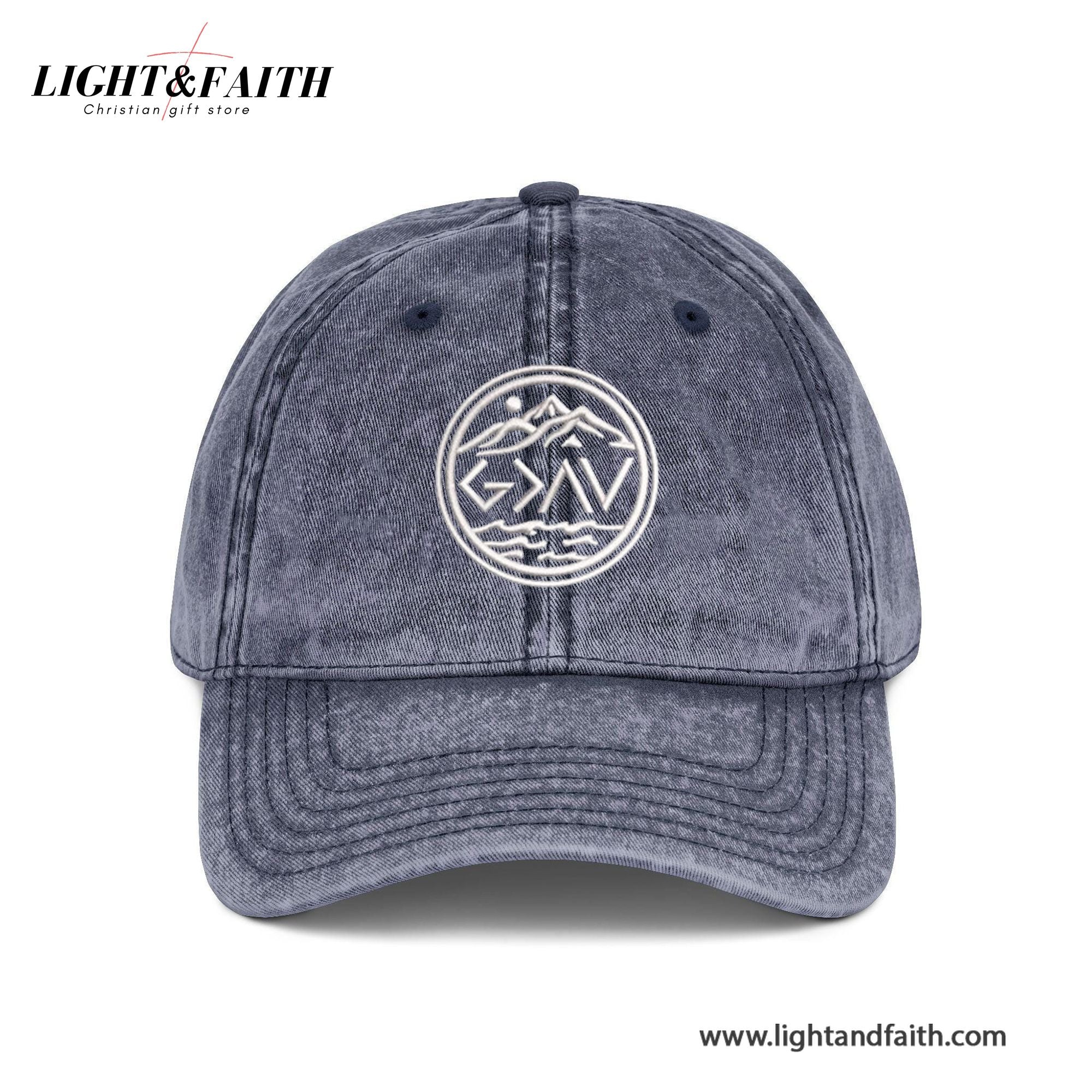 God Is Greater Symbol Embroidered Hat, Washed Black Faith Cap With Mountains And Waves, Christian Adventure Gift For Men, Christian Jesus Gifts LAFH12
